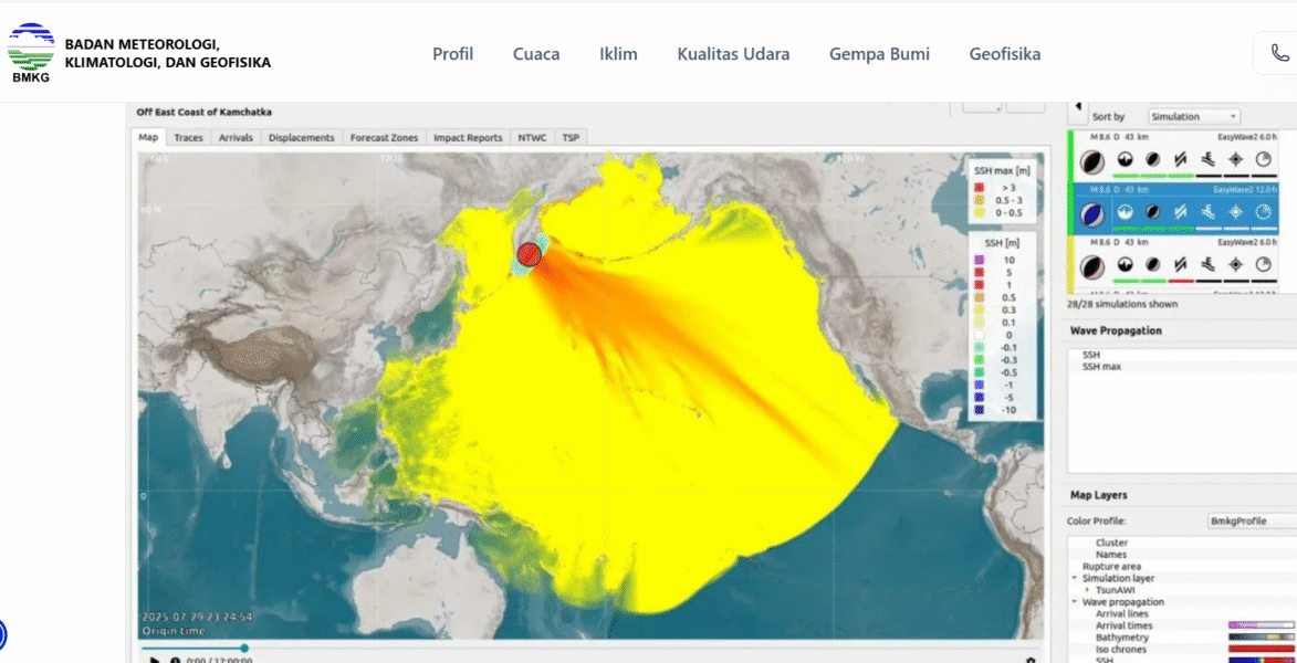 Gempabumi M8.7 di Pesisir Timur Kamchatka Rusia, Berpotensi Tsunami di Wilayah Indonesia. (Foto: BMKG)