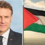 Presiden Prancis Emmanuel Macron (kiri) dan bendera Palestina (kanan). (Foto: Newsbyte)