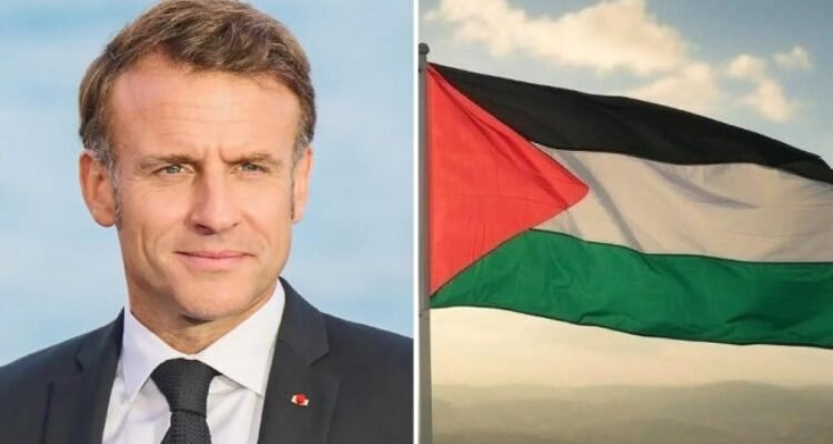 Presiden Prancis Emmanuel Macron (kiri) dan bendera Palestina (kanan). (Foto: Newsbyte)