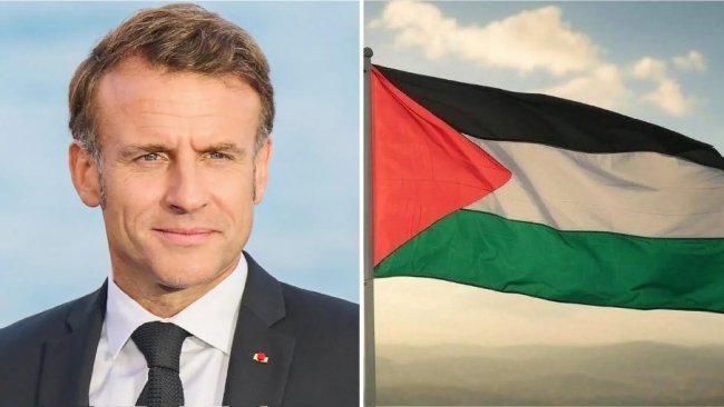 Presiden Prancis Emmanuel Macron (kiri) dan bendera Palestina (kanan). (Foto: Newsbyte)