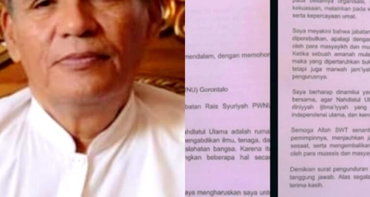 Rais PWNU Gorontalo KH. Burhanuddin Umar dan Surat Pernyataan Sikap Mengundurkan diri sebagai pengurus. (Foto: berbagai sumber)