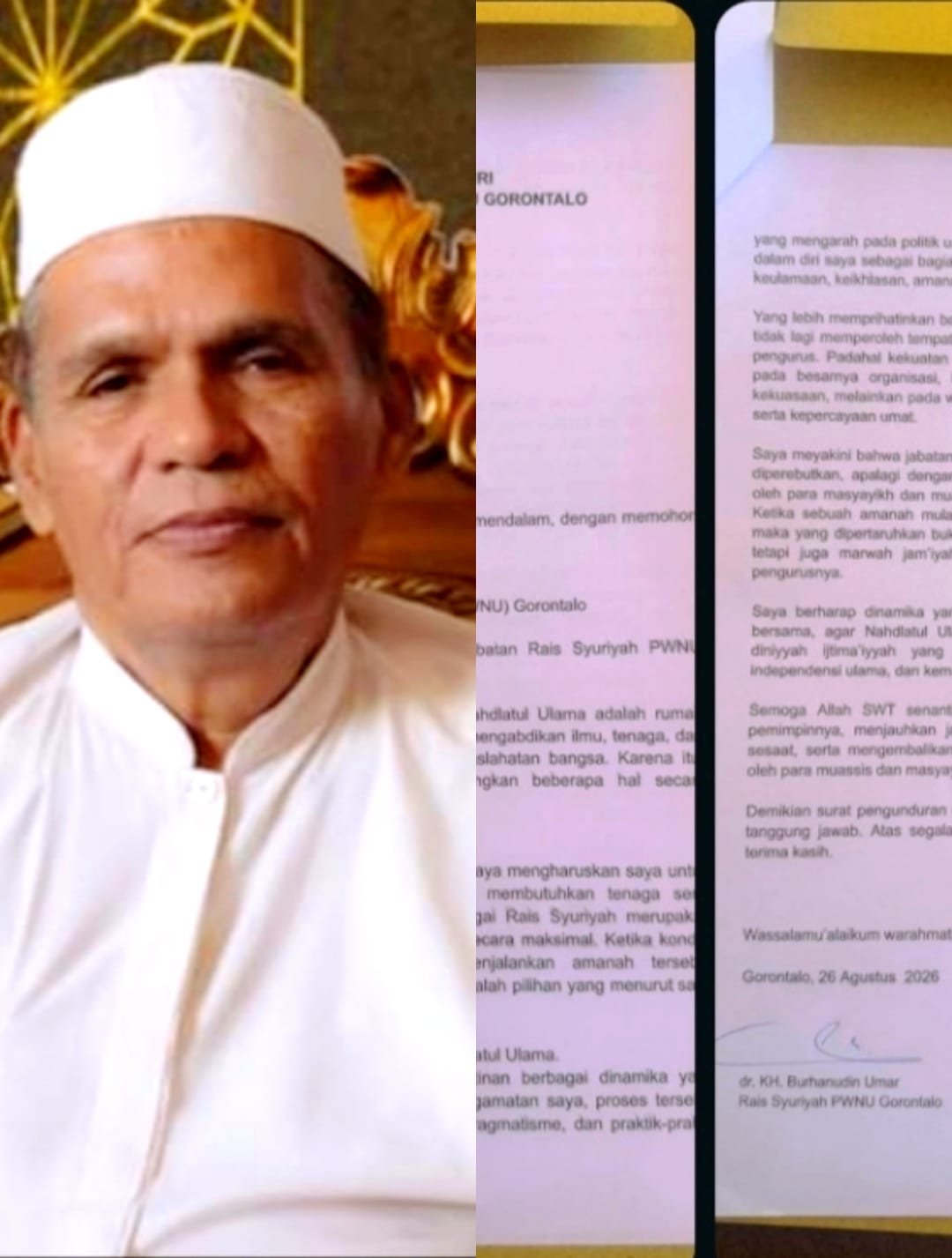 Rais PWNU Gorontalo KH. Burhanuddin Umar dan Surat Pernyataan Sikap Mengundurkan diri sebagai pengurus. (Foto: berbagai sumber)